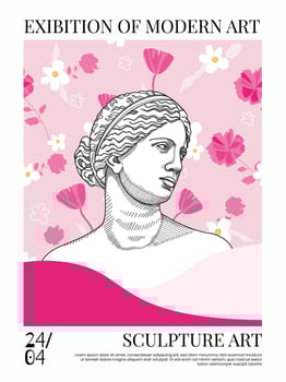 Art posters for the exhibition,  magazine or cover, vector template with sculpture art, Antique statues. Modern ancient Greek or Roman style. Vibrant colours. Pink glamour poster