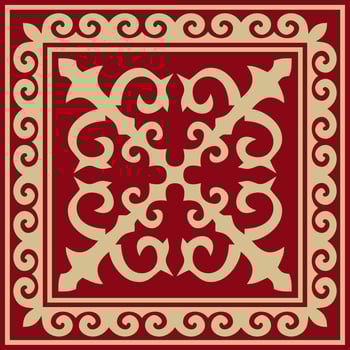 Vector red with gold Square Kazakh national ornament. Ethnic pattern of the peoples of the Great Steppe, Mongols, Kyrgyz, Kalmyks, Buryats