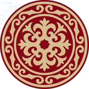 Vector red and gold round Kazakh national ornament. Ethnic pattern of the peoples of the Great Steppe, .Mongols, Kyrgyz, Kalmyks, Buryats. circle, frame border