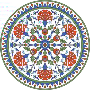 Vector colored round Turkish ornament. Ottoman circle, ring, frame. Muslim pattern for stained glass