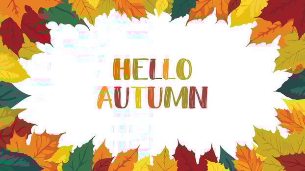 Hello Autumn lettering. Horizontal frame with fallen leaves of vibrant colors. Editable background for web banner, invitation or postcard, Vector illustration, Fall concept, flat design style