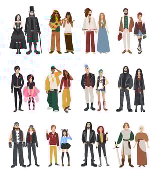 Set of different subculture. Couple rapper, hipster, punk, rocker, hippie, goth, emo, historical reenactors, metalhead, biker, rastaman. Girl and guy in flat style illustration collection. vector