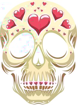 Skull with hearts vector illustration, Tattoo style Skull with hearts on forehead, colored and black and white stock vector image