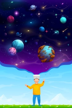Boy in VR helmet looking into starry galaxy space vector