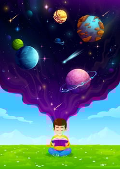 Cartoon child boy on meadow reading book of space vector