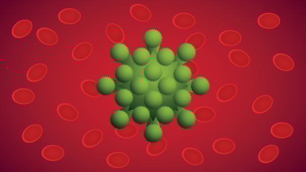 Green biological virus on the background of red blood cells vector