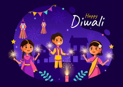 Happy Diwali Hindu Vector Illustration with Indian Rangoli and Fireworks Background for Light Festival of India in Flat Kids Cartoon Design