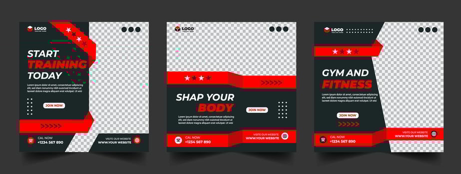 Gym, fitness, and sports social media post template design set. Usable for social media, banner, and website. vector
