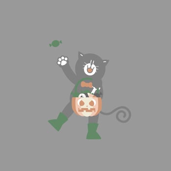 happy halloween holiday festival with cute black cat, pumpkin, and candy, flat vector illustration cartoon character design