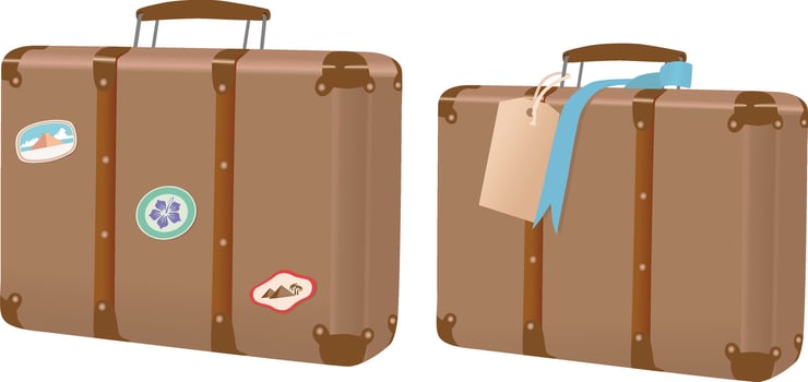 Retro suitcase for luggage in travel and trip. Vintage valise from brown leather with handle and stickers from travel. Isolated on background, vector realistic illustration