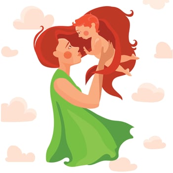 Happy young mother holds her baby in her arms and smiles at him. Happy motherhood and childhood, child protection concept. Woman with child vector illustration