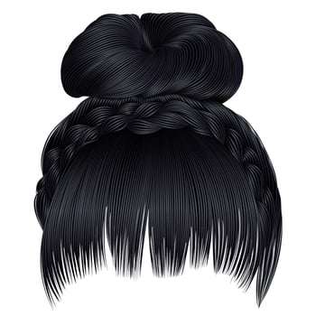 trendy woman hairsbun with plait and fringe. hairs brunette black colors . women fashion beauty style .  gray colors . beauty fashion . style curls . realistic 3d . vector