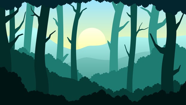 Vector illustration of deep forest in the green hill. Forest landscape for background, wallpaper, or landing page. Landscape nature illustration with color gradient style