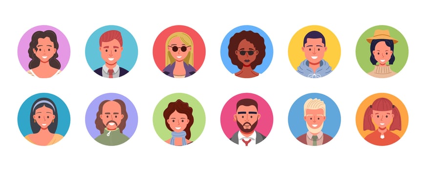 Set of diverse people avatars. Vector illustration of multiethnic user portraits in circles. Male and female human face icons.