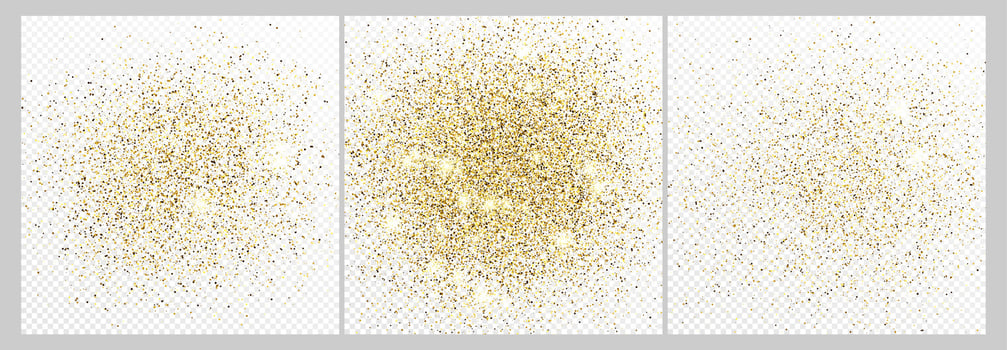Set of three gold glitter confetti backdrops isolated on white backgrounds. Celebratory texture with shining light effect. Vector illustration.