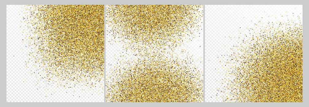 Set of three gold glitter confetti backdrops isolated on white backgrounds. Celebratory texture with shining light effect. Vector illustration.