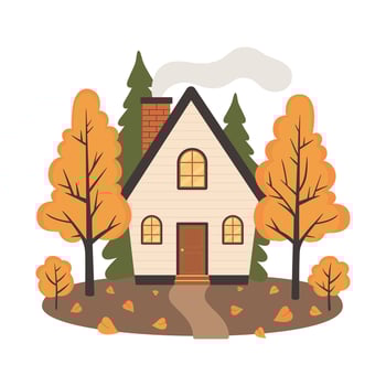 Autumn landscape with cute wooden house, trees with falling leaves, fir trees, bushes and footpath. Country house with smoke from chimney in autumn forest. Vector flat illustration isolated on white