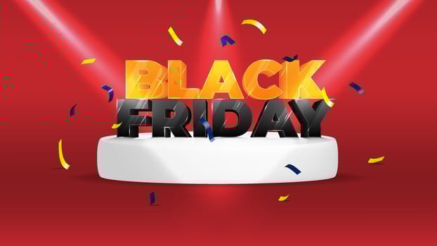Black Friday Special Sale Advertising Banner Template with Spotlights, Confetti, and Podium on Red Background vector