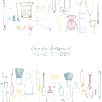 Fashion cosmetics square background with make up artist objects. Vector hand drawn illustration with place for text.