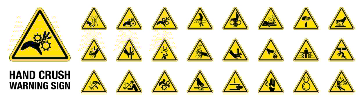 Set of 24 isolated Hand Crush Force hazardous symbols on yellow round triangle board warning sign vector