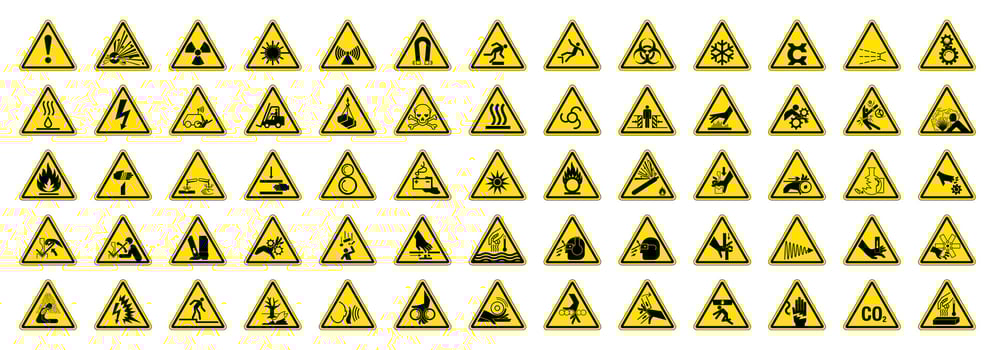 Big Set of 65 isolated hazardous symbols on yellow round triangle board warning sign vector