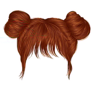 two buns  hairs with fringe Red redhead ginger colors . women fashion beauty style . vector