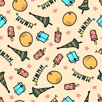 Christmas pattern with tangerines, Christmas tree, candle, garland of flags and stars. Vector stock illustration. In color. In doodle style.