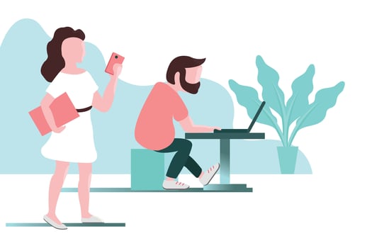 Young office works. A man sites at a laptop, a woman is stand with a smartphone. Vector illustration with place for next