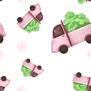 Red pickup truck carrying Xmas tree with snowflakes garland background. watercolor Christmas, New Year seamless pattern with pink car Illustration for greeting card, winter holiday party invitation png