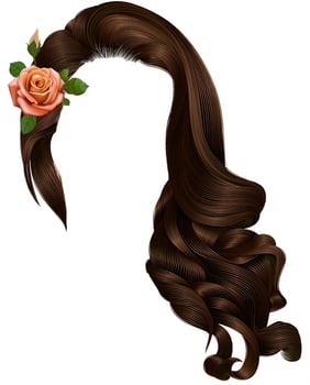 woman long curly hairs with flower.beige rose.brown brunette colors.retro style. beauty fashion. realistic 3d. vector