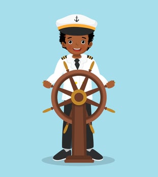 Cute little African boy sailor holding steering wheel vector