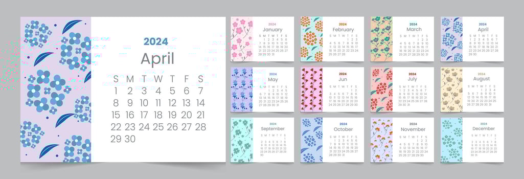 Set of Japanese Flower Monthly Calendar 2024 12 Month vector