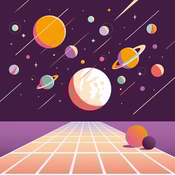 Virtual reality background, cartoon style. Concept of cyberspace and metaverse. Space, planets and stars, retro futurism. Trendy vector illustration, hand drawn, flat