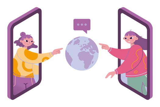 Two girls Girl touches the globe through a smartphones, cartoon style. Concept of global internet communication, connection with the whole world and travel. Vector isolated illustration, flat