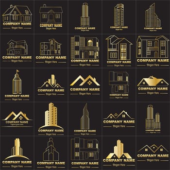 Golden Real Estate Logo Bundle template. construction and architecture icons, signs,  Construction logo template set, logo pack, logo bundles, vector pack of Construction logo