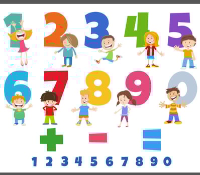 educational numbers set with comic children characters vector
