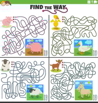 find the way maze games set with farm animals and their babies vector