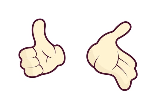 Cartoon hand gesture. Finger thumb up. Vector illustration of human palms.