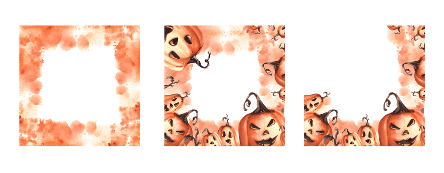Happy Halloween pumpkin scary face. Square frame Set with orange watercolor stains. Autumn watercolor illustration hand painting. Halloween celebration cards, flyer, banner png