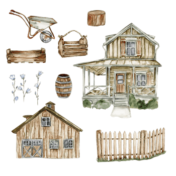 Watercolor illustration of an old country wooden house and farm elements. png