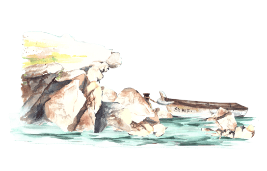 Watercolor hand-drawn maritime illustration. Fishing boat at sea with reflection, tied to stone pier. Nautical design for cards, invitation, poster, travel booklet png