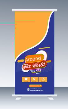 Enjoy holiday roll up banner design. Travel and tourism agency standee design template. vector