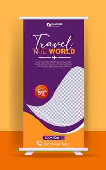 Enjoy holiday roll up banner design. Travel and tourism agency standee design template. vector