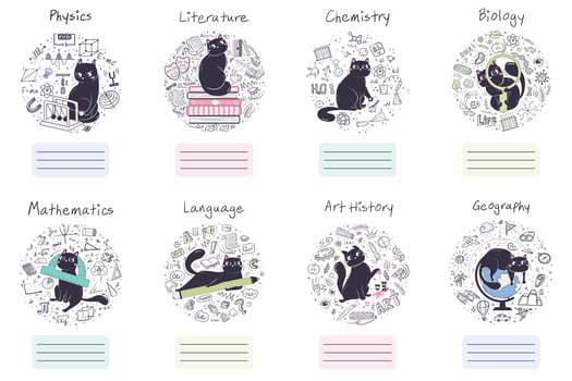 History of arts, biology, chemistry, geography, literature, physics, mathematics, language. set of covers for school workbooks with doodle objects and a cute cat. vector