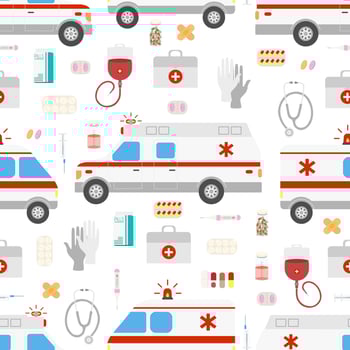 Vector seamless pattern with ambulance and first aid kit, pills, blood bags and gloves