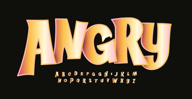 Angry cartoon font, playful alphabet for logo, expressive lettering. Festive and lively typeface for entertaining and cheerful festival designs, children's parties, events, or Halloween celebrations. vector