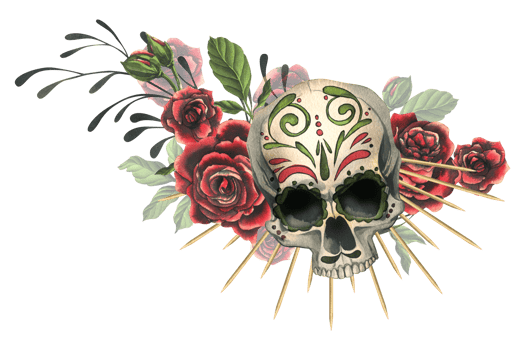 Human skull with an ornament, red roses in a golden crown. Hand drawn watercolor illustration for Halloween, day of the dead, Dia de los muertos. Isolated composition png