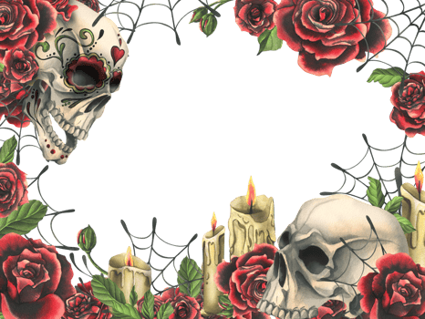 Ornamented human skull with red roses, candles and cobwebs. Hand drawn watercolor illustration for day of the dead, halloween, Dia de los muertos. Square frame, template png