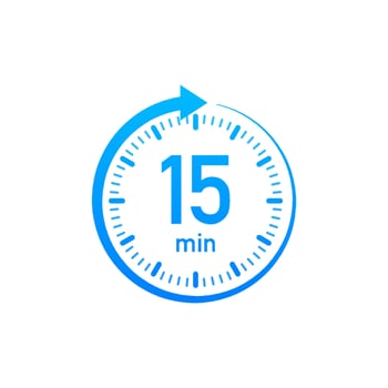 The 15 minutes, stopwatch vector icon. Stopwatch icon in flat style, timer on on color background. Vector illustration