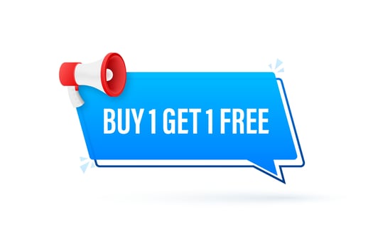 Megaphone banner, business concept with text Buy 1 Get 1 Free. Sale tag. Vector stock illustration